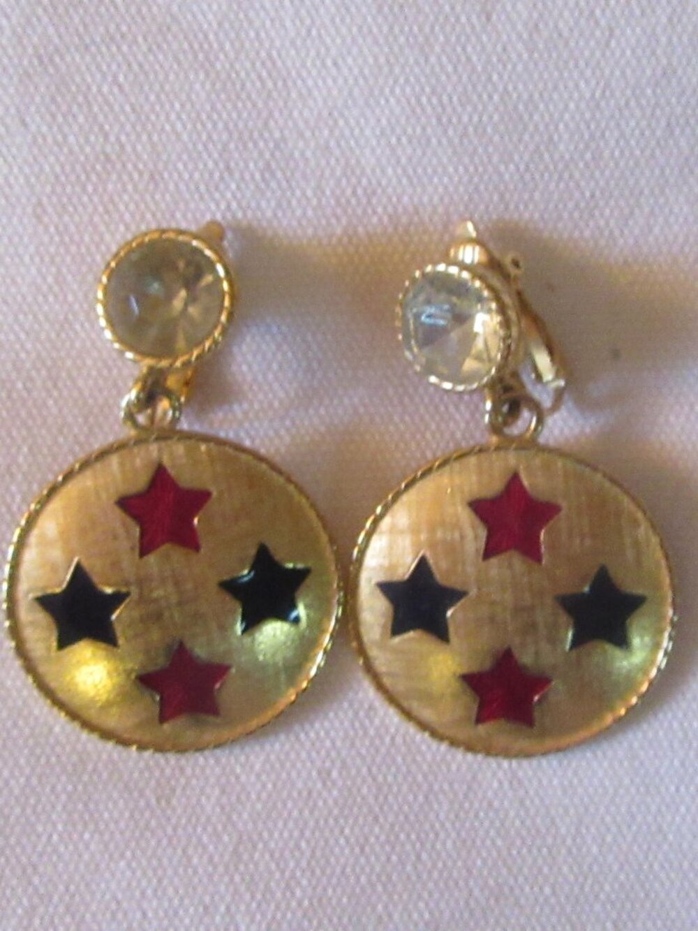 Vintage Red, Blue, Gold Star Clip-on Trifari Costume Earrings
